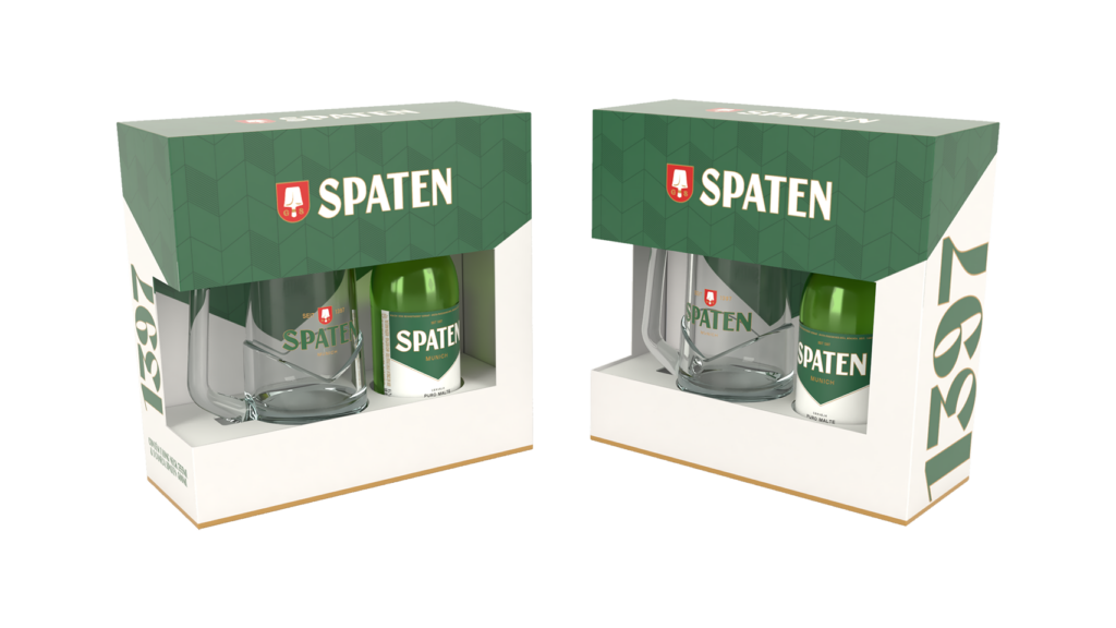 Duas caixas da Spaten, que vem com uma garrafa da cerveja e um copo de vidro