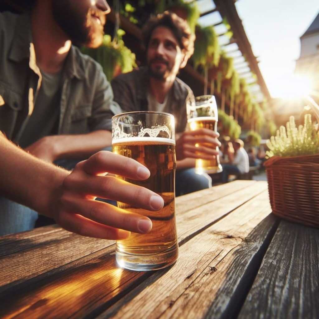 Amigos sentados em um bar, tomando um copo de cerveja 